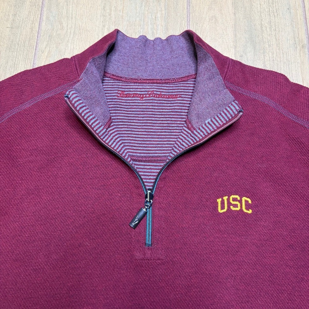 Tommy Bahama Pullover Mens 2XL Burgundy USC Trojans Quarter Zip Textured Sweater